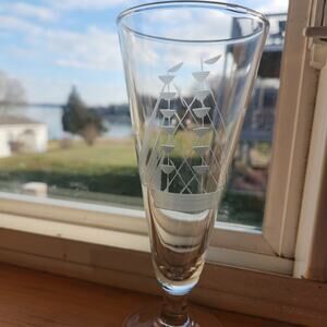Glass Etched Pilsner Beer Champagne Clipper Maritime Ship Set Of 3 JAVIT? PH?